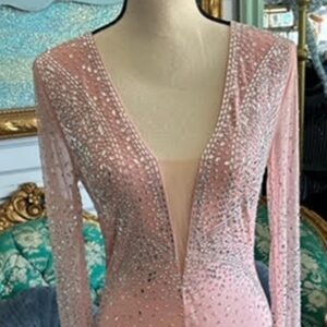 A pink dress with silver sequins and a long sleeve.