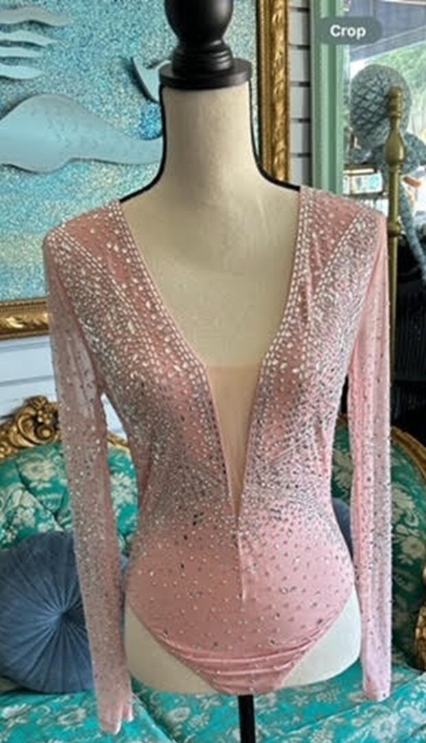 A pink dress with silver sequins and a long sleeve.